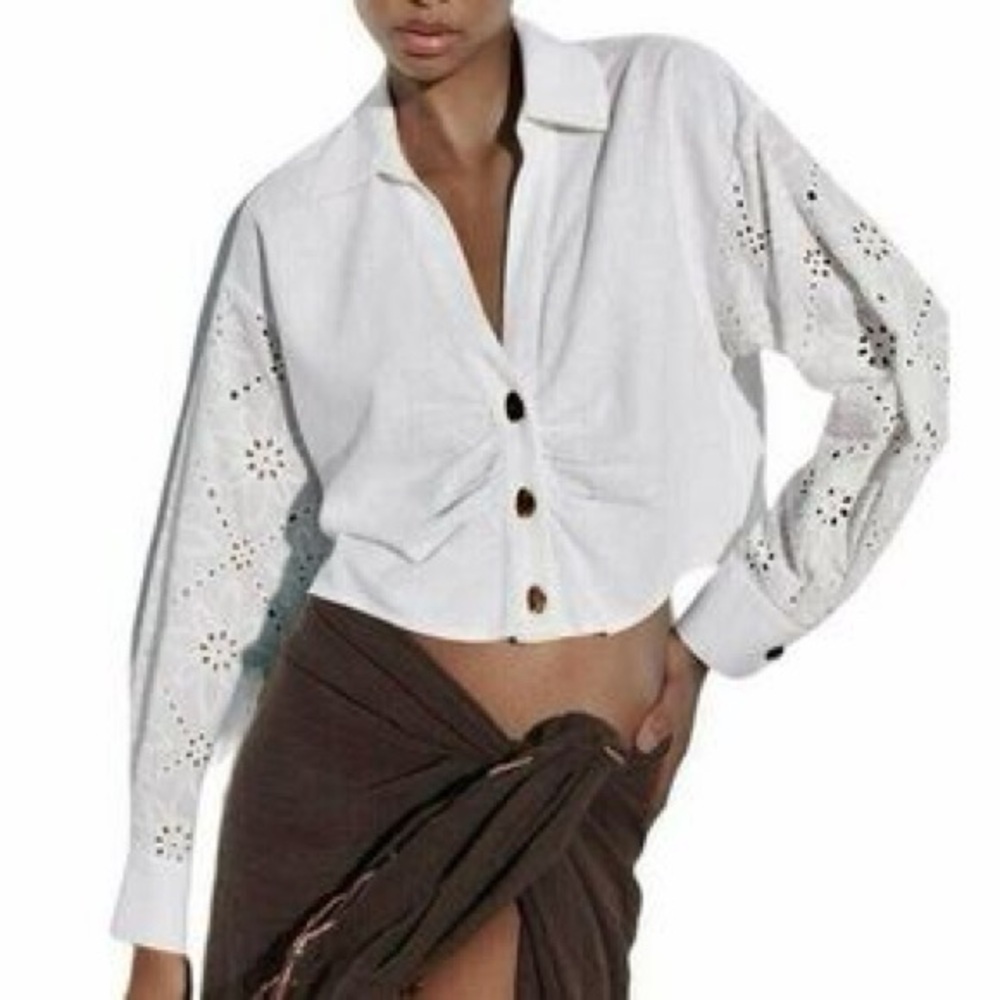 Zara White Eyelet Blouse with Button Detail